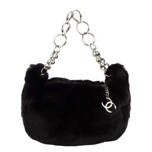 CHANEL Black Faux Fur Shoulder Bag with Silver Chain